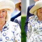 ASCOT, UNITED KINGDOM - JULY 27: (EMBARGOED FOR PUBLICATION IN UK NEWSPAPERS UNTIL 24 HOURS AFTER CREATE DATE AND TIME) Queen Camilla attends the QIPCO King George Day at Ascot Racecourse on July 27, 2024 in Ascot, England. (Photo by Max Mumby/Indigo/Getty Images), suzannah london maximalist floral print shirtdress with irises
