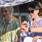 UNION COUNTY, NEW JERSEY - JUNE 13:  Anne Hathaway and Jessica Chastain (L) are seen filming on location for 'Mother's Instinct' on May 27, 2022 in Union County, New Jersey.  (Photo by James Devaney/GC Images)