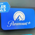 The Paramount Plus app button on Apple tvOS, between Hulu and HBO Max buttons, with a Tom