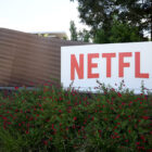 A sign is posted in front of Netflix headquarters on April 20, 2022 in Los Gatos, California.