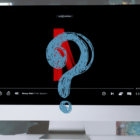 A computer screen displays a paused video with a large blue question mark over a red highlighted area at the center. The background features a digital network, mirroring the intricate connections of a popular streaming service's interface, with various small images and icons connected by lines and nodes.