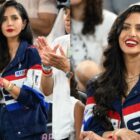 Vanessa Bryant, in the Polo Ralph Lauren Team USA Olympics Flag Bearer jacket, attends the women's basketball semi-final match between Team USA and Team Australia on day fourteen of the Olympic Games Paris 2024 at Bercy Arena on Aug. 9, 2024 in Paris.