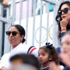 PARIS, FRANCE - AUGUST 09: Natalia Diamante Bryant, Bianka Bella Bryant, Capri Kobe Bryant and Vanessa Bryant (top) attend the Breaking on day fourteen of the Olympic Games Paris 2024 at Place de la Concorde on August 09, 2024 in Paris, France. (Photo by Arturo Holmes/Getty Images)