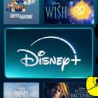 Screenshot of the Disney+ streaming platform interface showcasing various titles. Prominent displays include "Thor: Things", "Grey's Anatomy", "Wish", "The Eras Tour", "Percy Jackson", and "Top Gun". Mickey Mouse is featured prominently on the right side.
