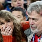 BALTIMORE, MARYLAND - JANUARY 28: Taylor Swift reacts as she hugs Ed Kielce after the AFC Championship NFL football game between the Kansas City Chiefs and Baltimore Ravens at M&T Bank Stadium on January 28, 2024 in Baltimore, Maryland. (Photo by Kara Durrette/Getty Images)