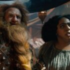 Durin IV and Disa look stunned at something happening off-screen in The Rings of Power season 2