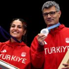 CHATEAUROUX, FRANCE - JULY 30: Silver medalists Sevval Ilayda Tarhan and Yusuf Dikec of Team Turkiye pose on the podium during the Shooting 10m Air Pistol Mixed Team medal ceremony on day four of the Olympic Games Paris 2024 at Chateauroux Shooting Centre on July 30, 2024 in Chateauroux, France. (Photo by Charles McQuillan/Getty Images)