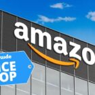 Amazon logo on building with Price drop deals tag