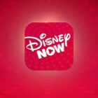 Red DisneyNOW app icon with a white logo, set against a red background with subtle geometric patterns.