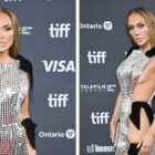 Jennifer Lopez at the 2024 Toronto International Film Festival “Unstoppable” Premiere held at Roy Thomson Hall on September 06, 2024 in Toronto, Canada, tamara ralph revenge dress, silver mirrored side slit dress