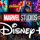 Marvel Studios and Disney Plus logos, Marvel movie and show posters in background