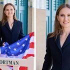 Natalie Portman wears Dior’s J'Adior slingback pump and 30 Montaigne Bar Jacket, celebrity style blue dress dior bow pumps poses after unveiling a beach cabin dedicated to her on the Promenade des Planches as part of the 50th edition of the Deauville American film festival, in Deauville on Sept. 14, 2024.