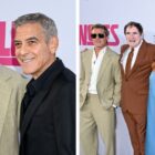 Brad Pitt, left, George Clooney, right, attend the "Wolfs" premiere in Los Angeles on Sept. 18.
