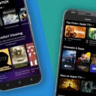 Two phones side-by-side with the Apple TV Plus and Max apps displayed