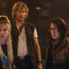 (L to R) Michelle (Millie Bobby Brown) , Keats (Chris Pratt) and Dr. Amherst (Ke Huy Quan) in The Electric State.