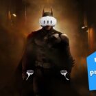 Doctored image of Batman wearing a Meta Quest 3 headset and holding Meta controllers with Prime Day deal badge overlaid.