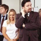 The cast of the original British The Office in a promo image.