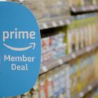Amazon prime member deal sign on a grocery shelf