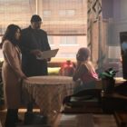 Alec and Rose holding a computer in front of Kylie on The Irrational Season 2 Episode 7