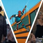 A collage image showing a man walking in a street, an animated spider-man swinging from a bus and two people holding a microphone at a reception 