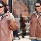 Bella Hadid in New York on Jan. 22, skinny jeans, shearling jacket, vintage