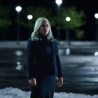 Harmony Cobel standing in a snowy parking lot at night in Severance season 2
