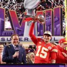 LAS VEGAS, NEVADA - FEBRUARY 11: Patrick Mahomes #15 of the Kansas City Chiefs holds the Lombardi Trophy after defeating the San Francisco 49ers 25-22 during Super Bowl LVIII at Allegiant Stadium on February 11, 2024 in Las Vegas, Nevada. (Photo by Jamie Squire/Getty Images)