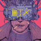 A pink and purple illustration of a man with a VR headset on, smoking a cigarette