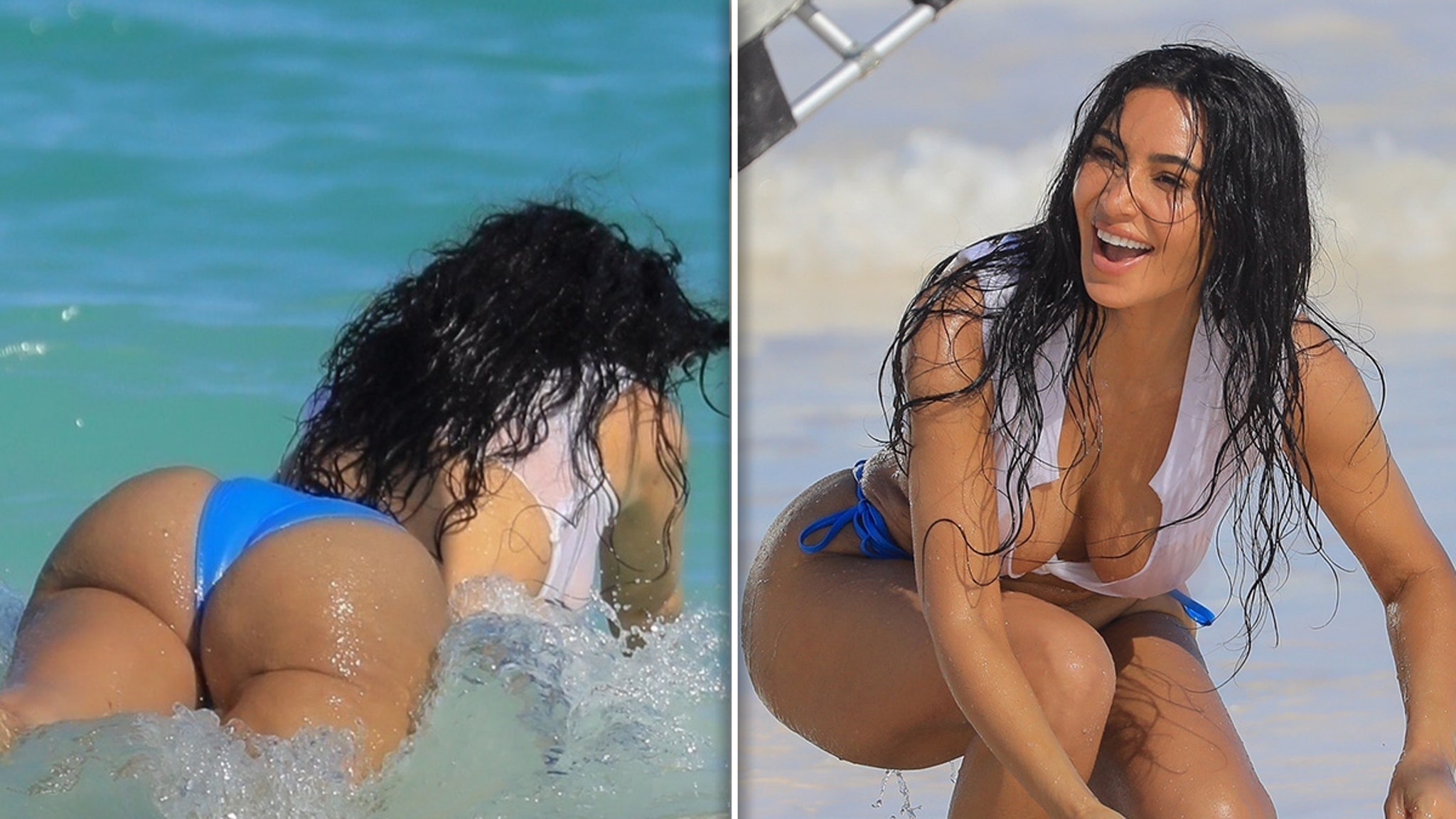 Kim Kardashian s’affiche en top mouillé à la plage des Bahamas