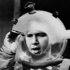 A black-and-white image of a television astronaut in a bubble helmet