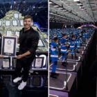 Split image of MrBeast with GWR's Emma Salt and Beast Games contestants