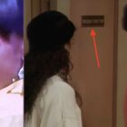 A split image with a close-up of a person smiling on the left and two people in front of a door with a sign on the right. The sign above the door is pointed out by an arrow.
