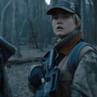 A still from the movie Elevation showing Morena Baccarin, Maddie Hasson and Anthony Mackie.