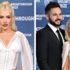 Matthew Rutler, Christina Aguilera at The 11th Breakthrough Prize Ceremony held at Barker Hanger on April 05, 2025 in Santa Monica, California, Dolce & Gabbana white semi-sheer spring 2024 dress with corset details