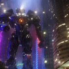 a giant mecha robot walking through a city in the heat of battle
