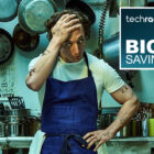 Carmy from The Bear looking stressed in a kitchen, with a deals logo stating 'big savings' next to him.