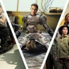 A collage image showing the Ewan McGregor on a bike, Alexander Skarsgard in a robot suit and the main cast of Fountain of Youth in front of a pyramid 