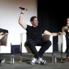 Christina Haack, Tarek El Moussa, Heather Rae El Moussa speak onstage during HGTV