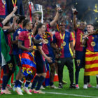 FC Barcelona celebrate winning the Copa del Rey final against Real Madrid at La Cartuja Stadium in Seville, Spain, on April 26. [AFP/YONHAP] 