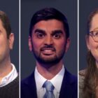 (from left) Jeopardy! contestant Ted Nyman, Nikhil Joshi, and Jackie Rogoff on Monday, June 6, 2025