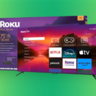 Black smart TV with package box in front. Background: lime and grass green gradient.