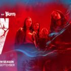 The official key art for Prime Video's Gen V Season 2, featuring the cast huddled together and facing forward on a red background.