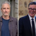 This photo shows Jon Stewart (left) posing in Washington in July 2024, and Stephen Colbert being interviewed at The Vatican in June 2024.