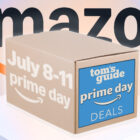 Illustration of an Amazon box with Amazon logo behind it