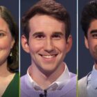 (from left), Jeopardy! players Julia Broussard, Scott Riccardi, and Ameen Ismail, on July 18, 2025