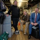 The Dispatcher: Director and EP Christian Schwocow, Brendan Cowell and Minister Colin Brooks. Image: Lachlan Moore/VicScreen/AppleTV