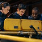 Caoilfhionn Dunne as Shaya Troop Leader, Christopher Chung as Cassio Palin-Paleen Trooper 1, and Ncuti Gatwa as The Doctor — 