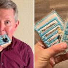 Ken Jennings eating cookies that resemble the cover of his book, 