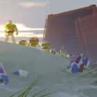 "Toy Story 5" concept art featuring a collection of Buzz Lightyear toys emerging from a shipping container on an island
