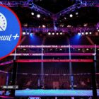 Cage-side view of the Octagon at UFC 317, inset Paramount+ logo on a screen